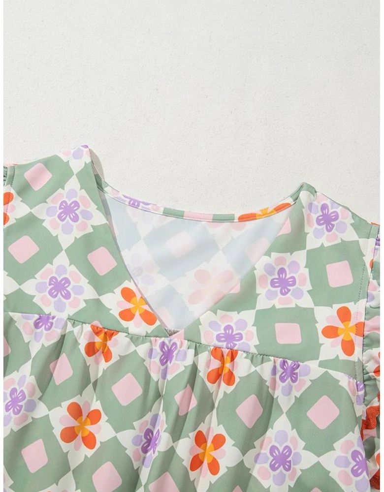 Green Geometric Floral Print Layered Flutter Sleeve V Neck Ric Rac Trim Blouse