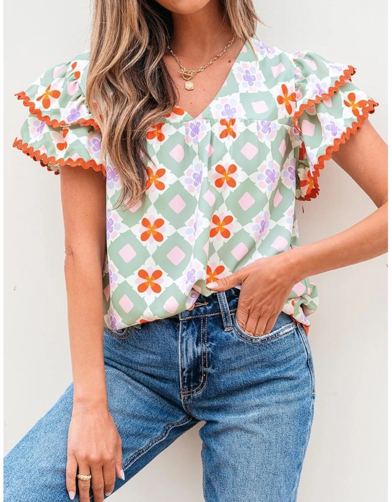 Green Geometric Floral Print Layered Flutter Sleeve V Neck Ric Rac Trim Blouse