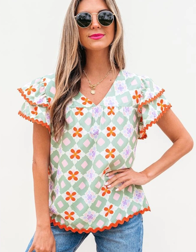 Green Geometric Floral Print Layered Flutter Sleeve V Neck Ric Rac Trim Blouse