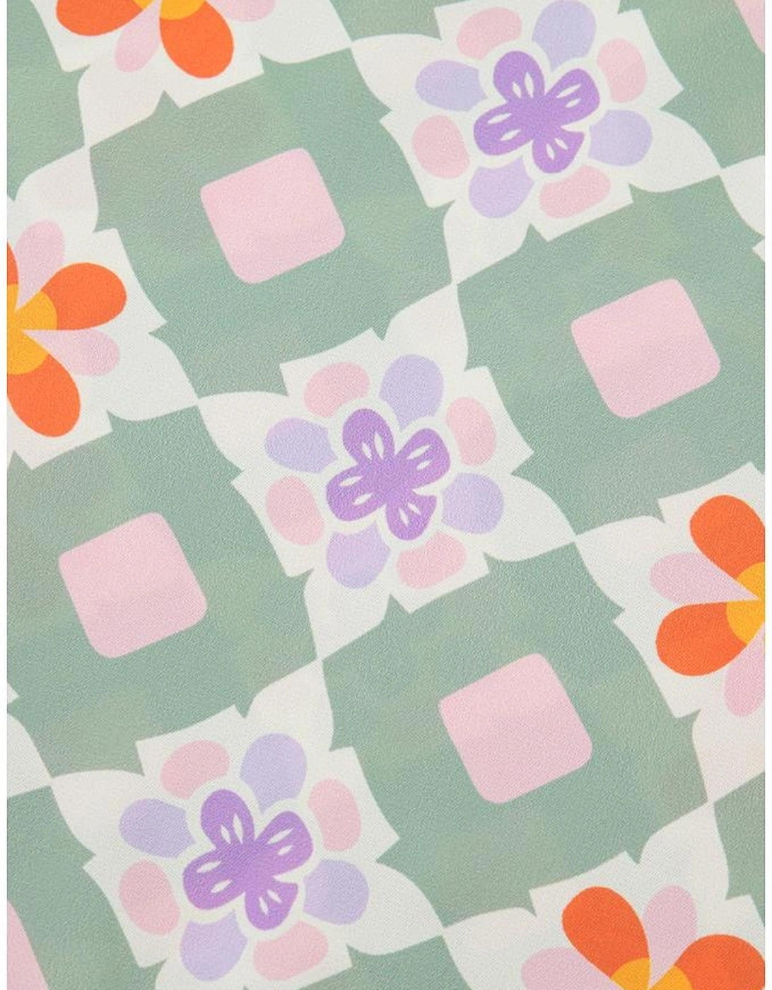 Green Geometric Floral Print Layered Flutter Sleeve V Neck Ric Rac Trim Blouse