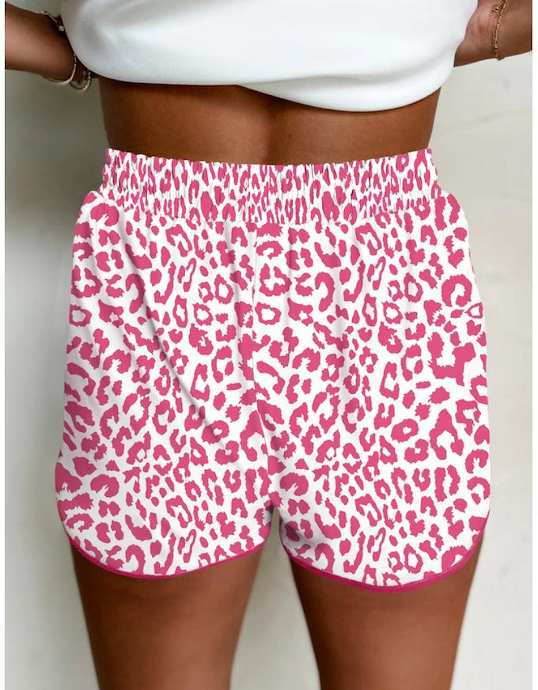 Pink Leopard Elastic Waist Lace up Contrast Trim Casual Shorts, 5 of 4