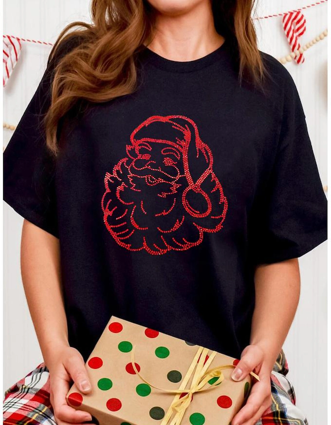 Black Rhinestone Santa Claus Christmas Graphic T Shirt