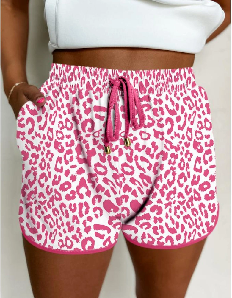 Pink Leopard Elastic Waist Lace up Contrast Trim Casual Shorts
