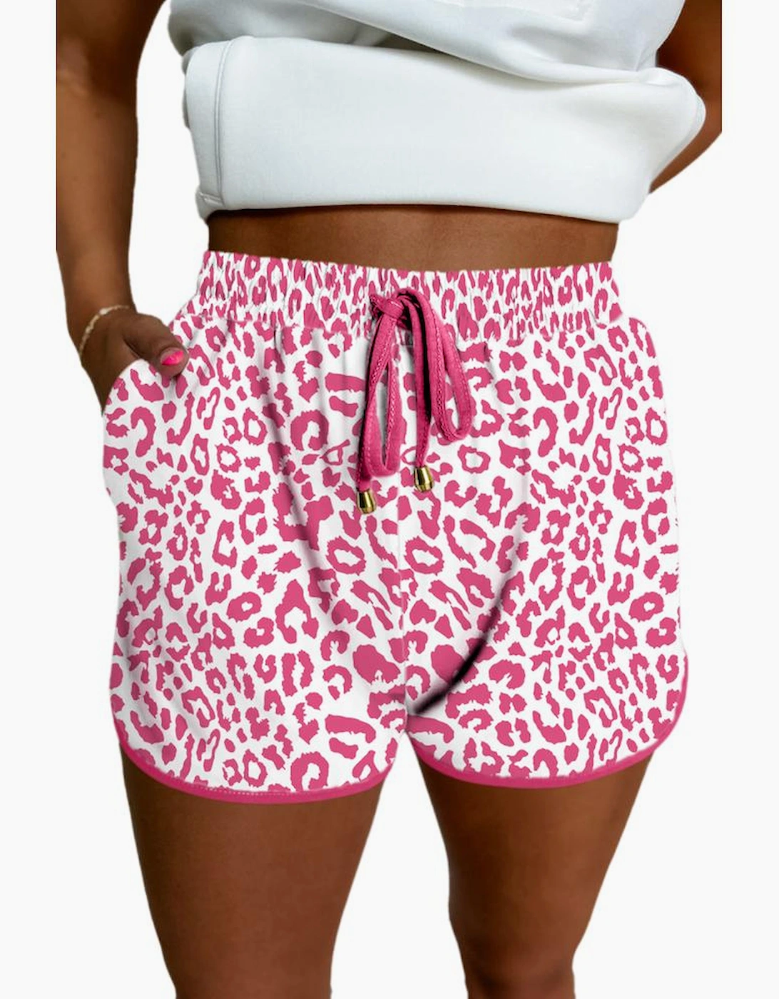 Pink Leopard Elastic Waist Lace up Contrast Trim Casual Shorts