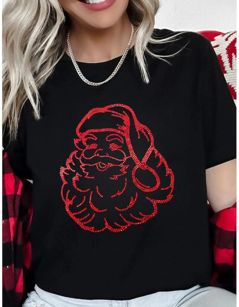 Black Rhinestone Santa Claus Christmas Graphic T Shirt