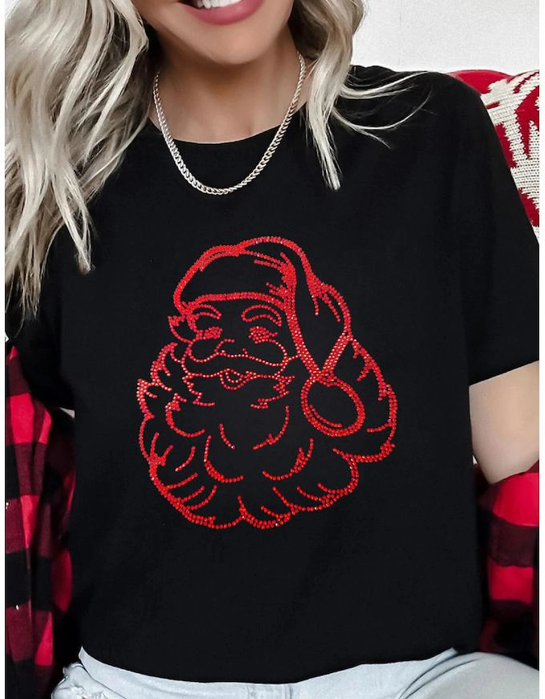 Black Rhinestone Santa Claus Christmas Graphic T Shirt