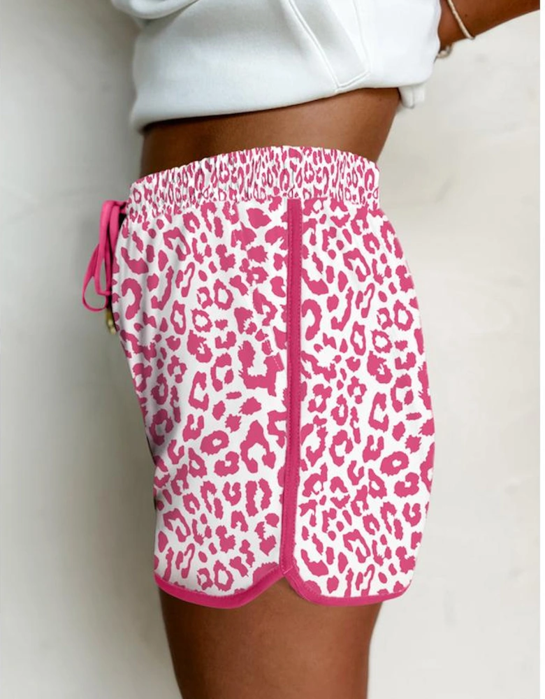 Pink Leopard Elastic Waist Lace up Contrast Trim Casual Shorts