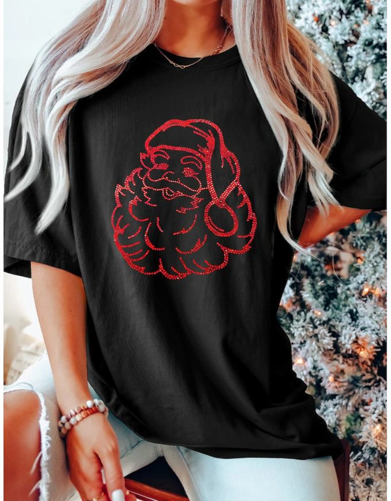 Black Rhinestone Santa Claus Christmas Graphic T Shirt