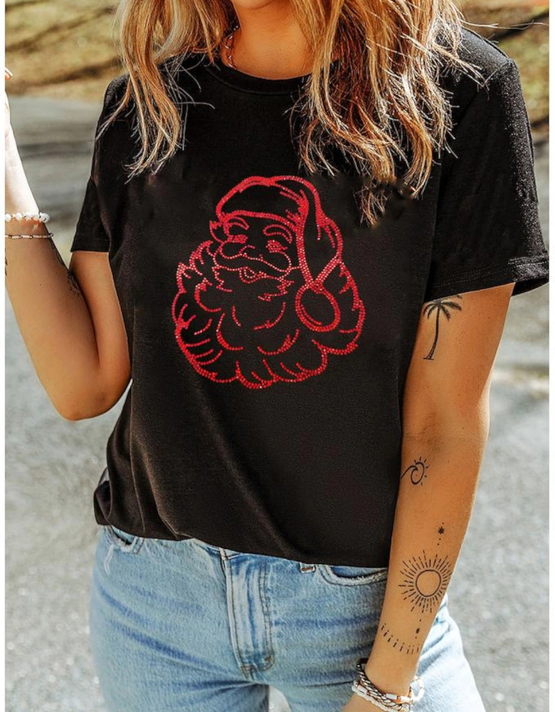 Black Rhinestone Santa Claus Christmas Graphic T Shirt