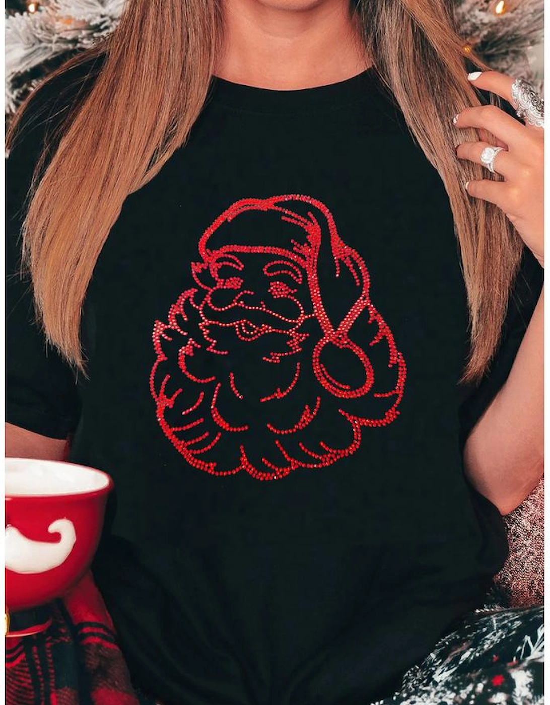 Black Rhinestone Santa Claus Christmas Graphic T Shirt