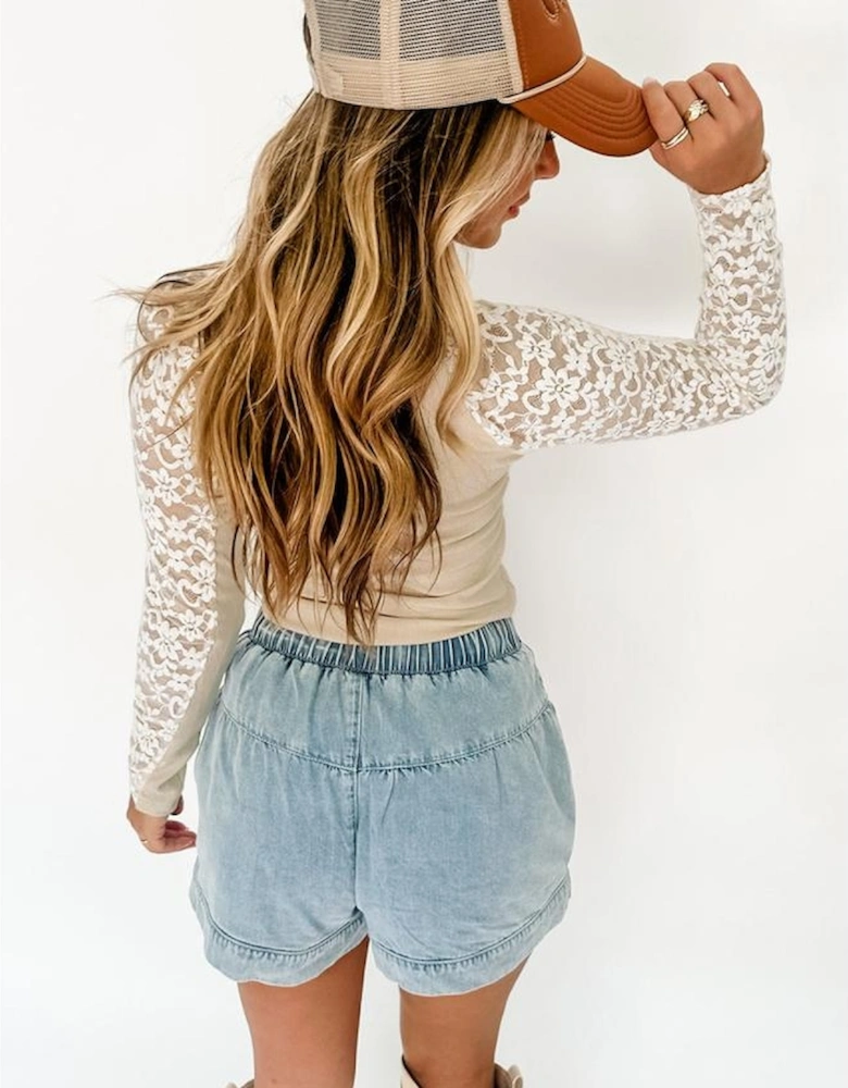 Beige Floral Lace Patchwork Long Sleeve High Neck Slim Top