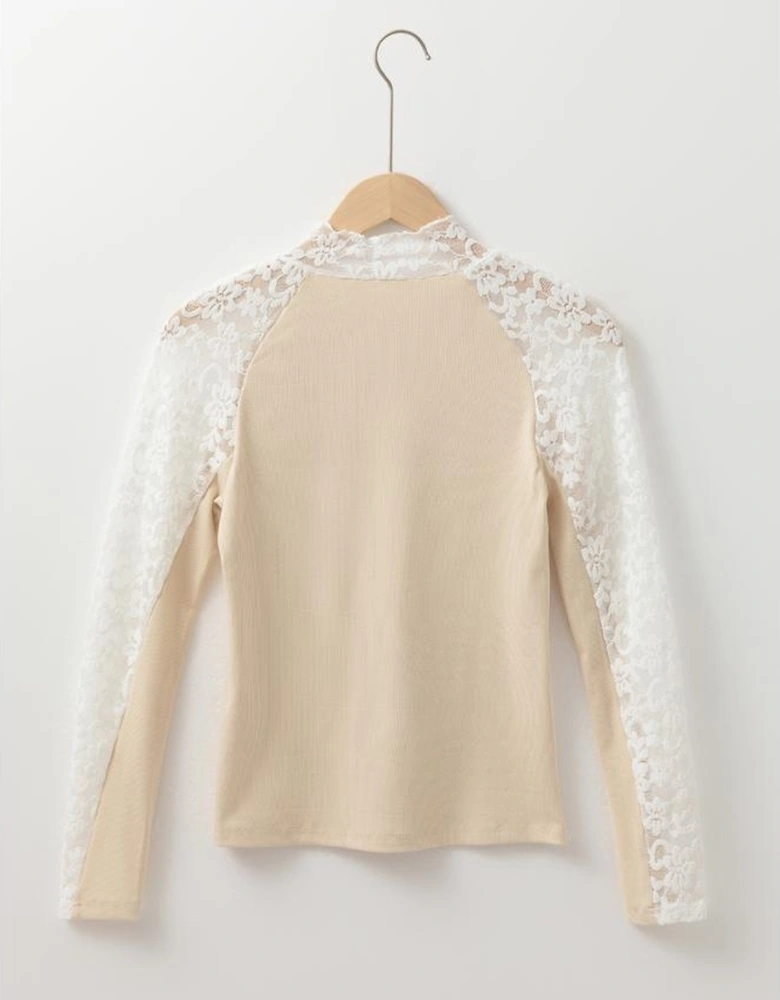 Beige Floral Lace Patchwork Long Sleeve High Neck Slim Top