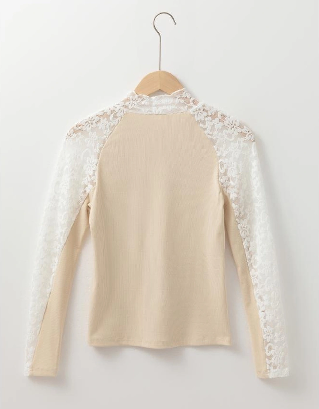 Beige Floral Lace Patchwork Long Sleeve High Neck Slim Top