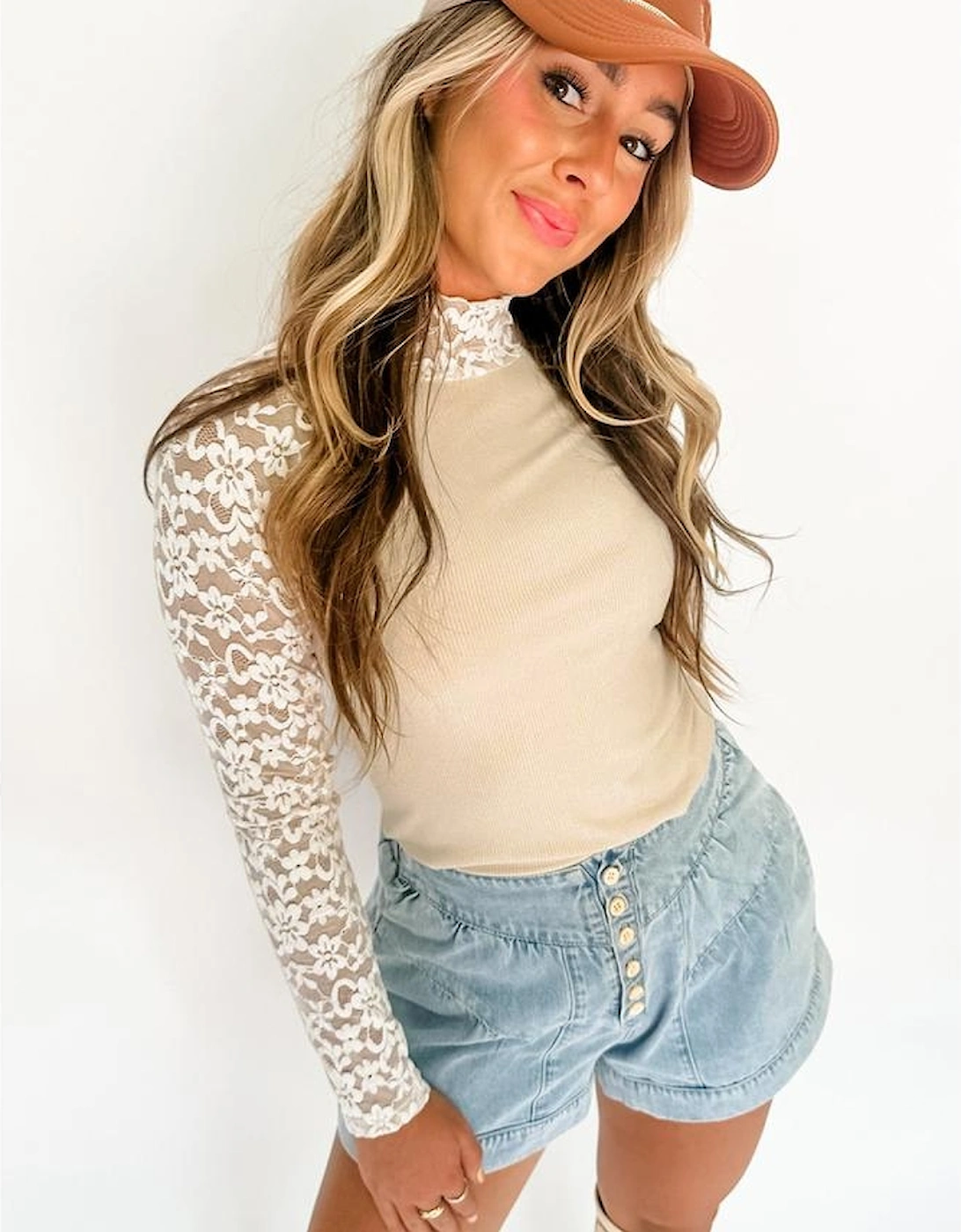 Beige Floral Lace Patchwork Long Sleeve High Neck Slim Top