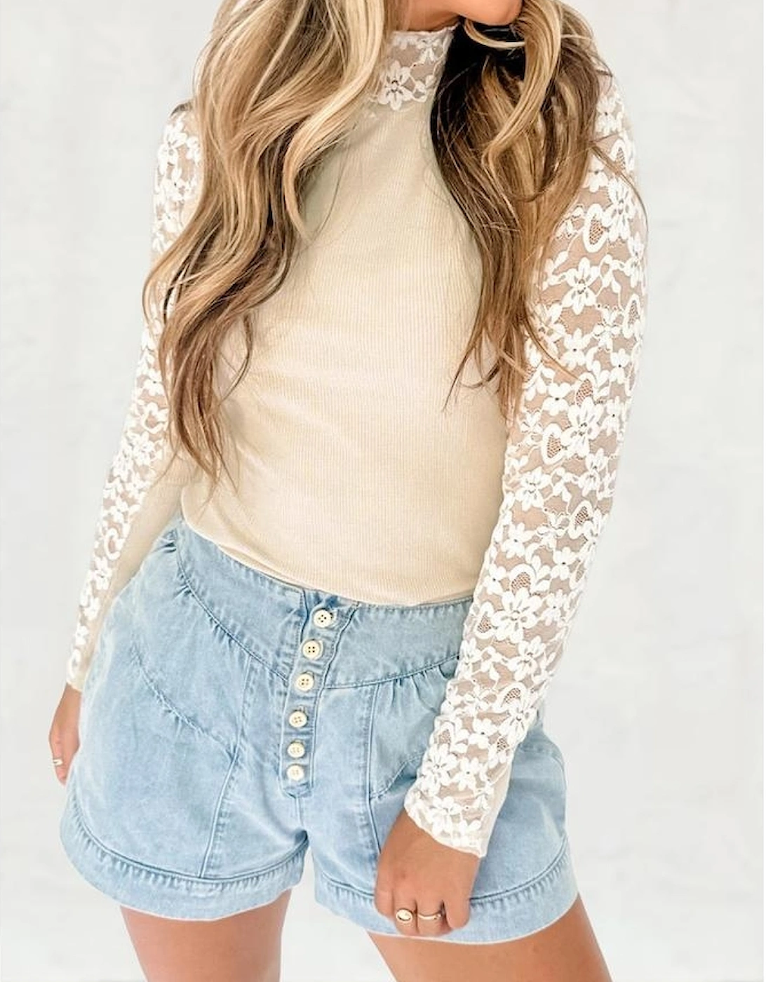 Beige Floral Lace Patchwork Long Sleeve High Neck Slim Top, 10 of 9