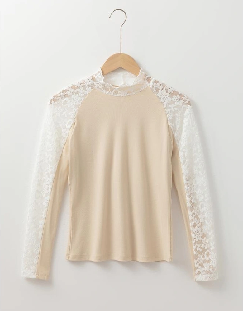 Beige Floral Lace Patchwork Long Sleeve High Neck Slim Top