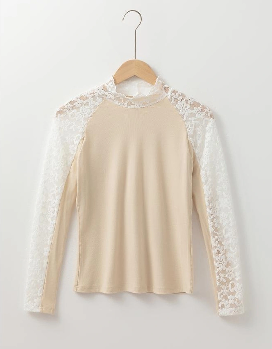 Beige Floral Lace Patchwork Long Sleeve High Neck Slim Top