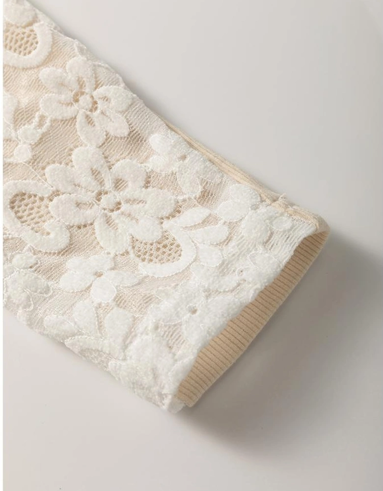 Beige Floral Lace Patchwork Long Sleeve High Neck Slim Top