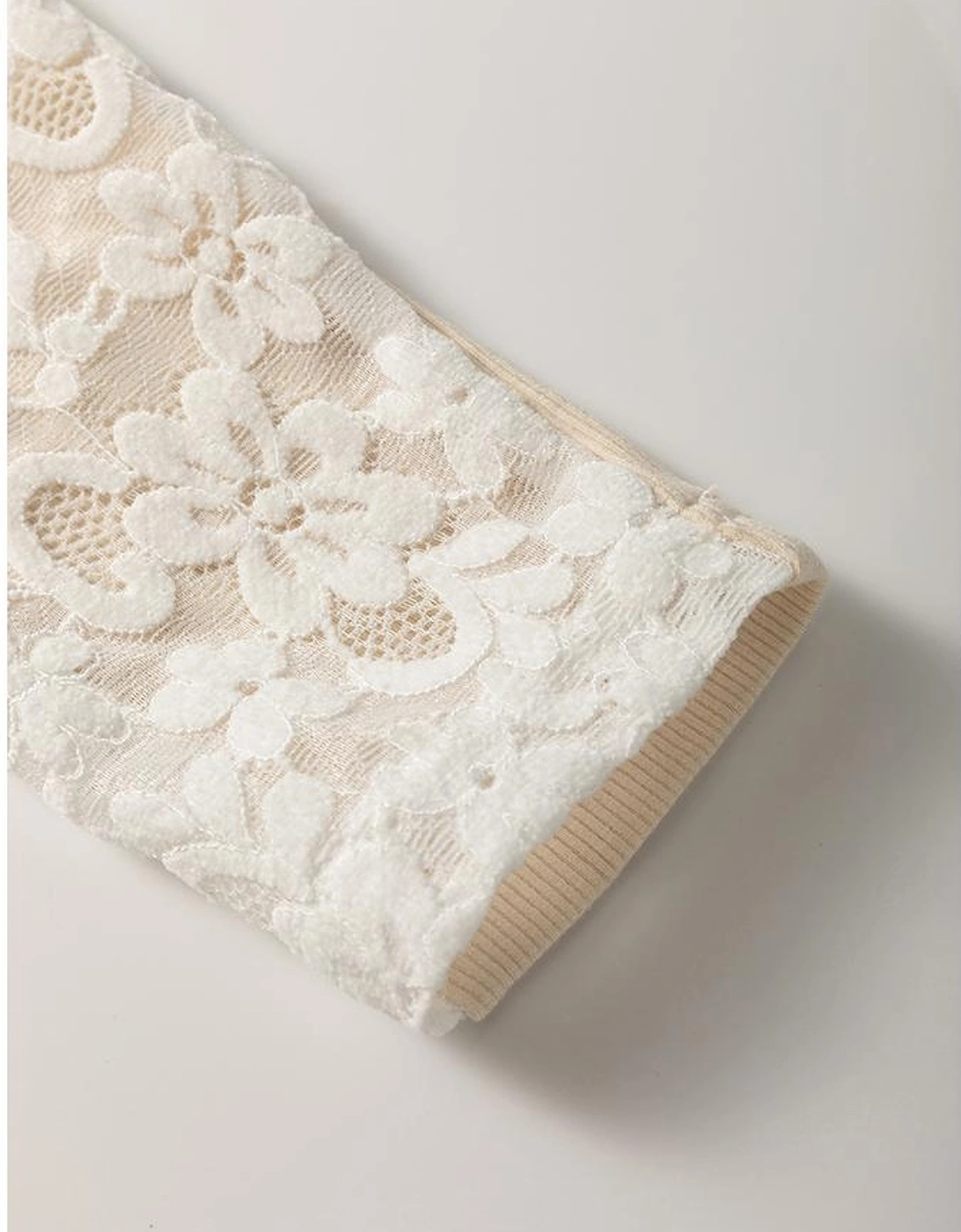 Beige Floral Lace Patchwork Long Sleeve High Neck Slim Top