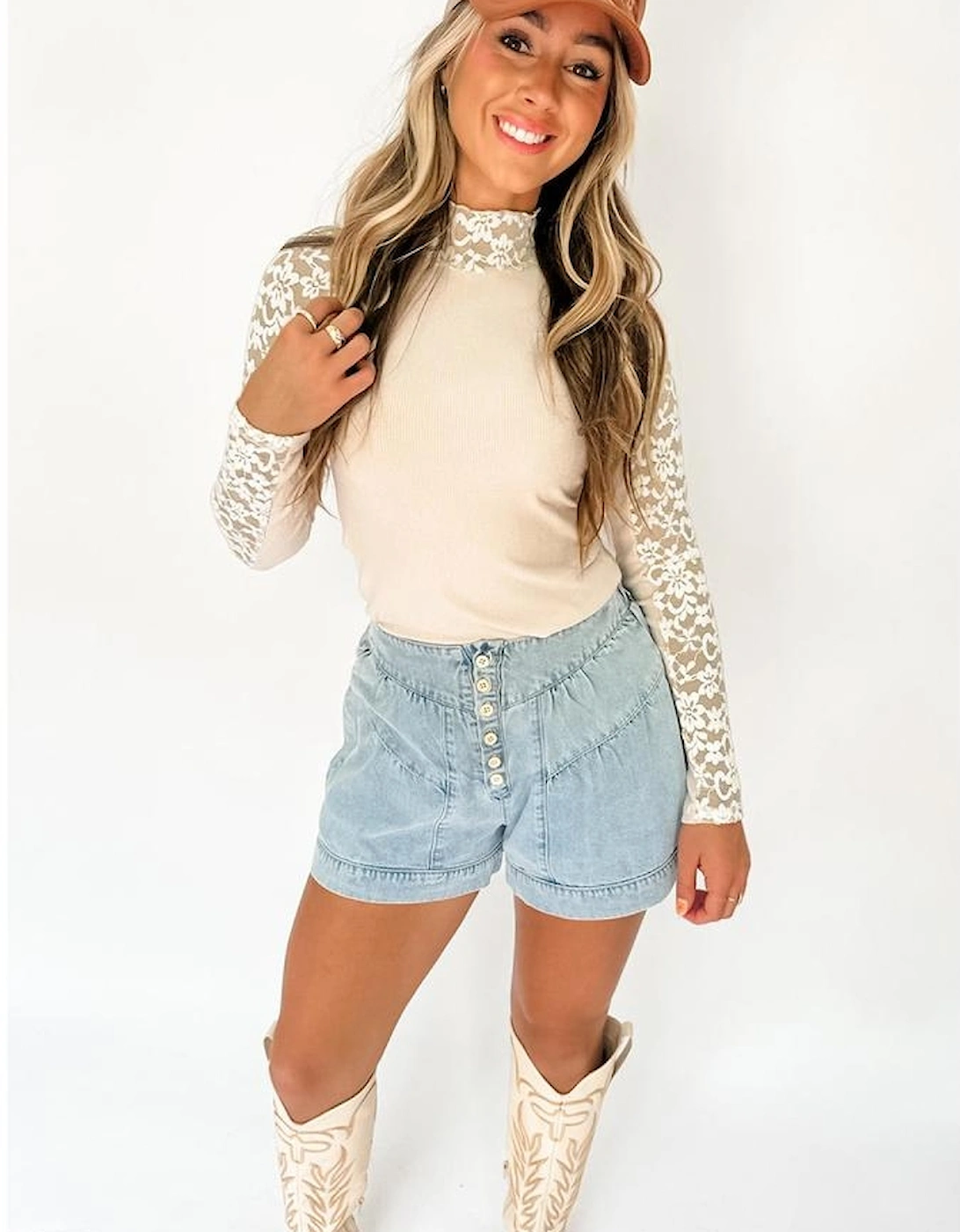 Beige Floral Lace Patchwork Long Sleeve High Neck Slim Top