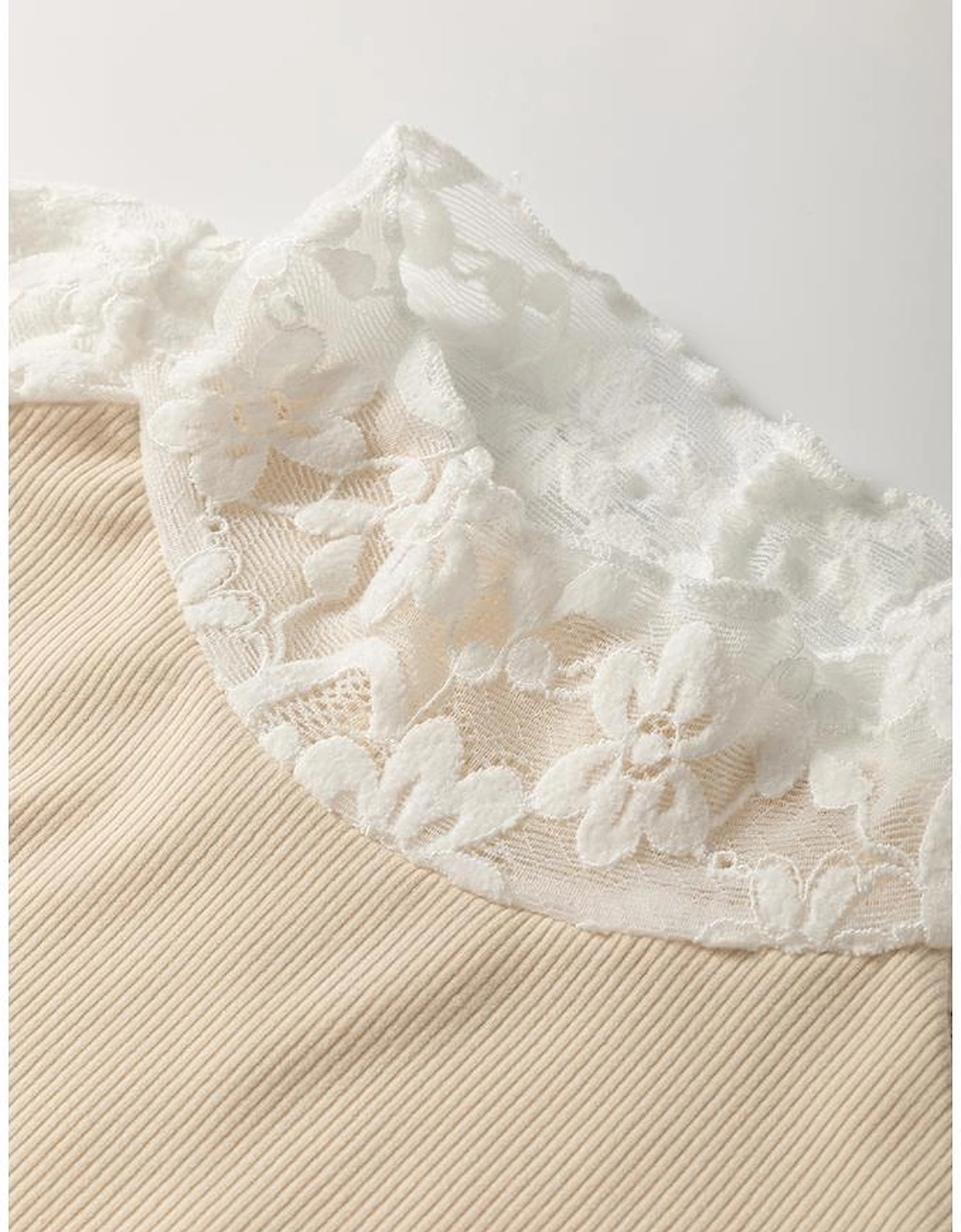 Beige Floral Lace Patchwork Long Sleeve High Neck Slim Top