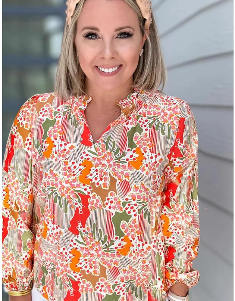 Orange Printed Floral Abstract Print Frilled V Neck Plus Size Blouse