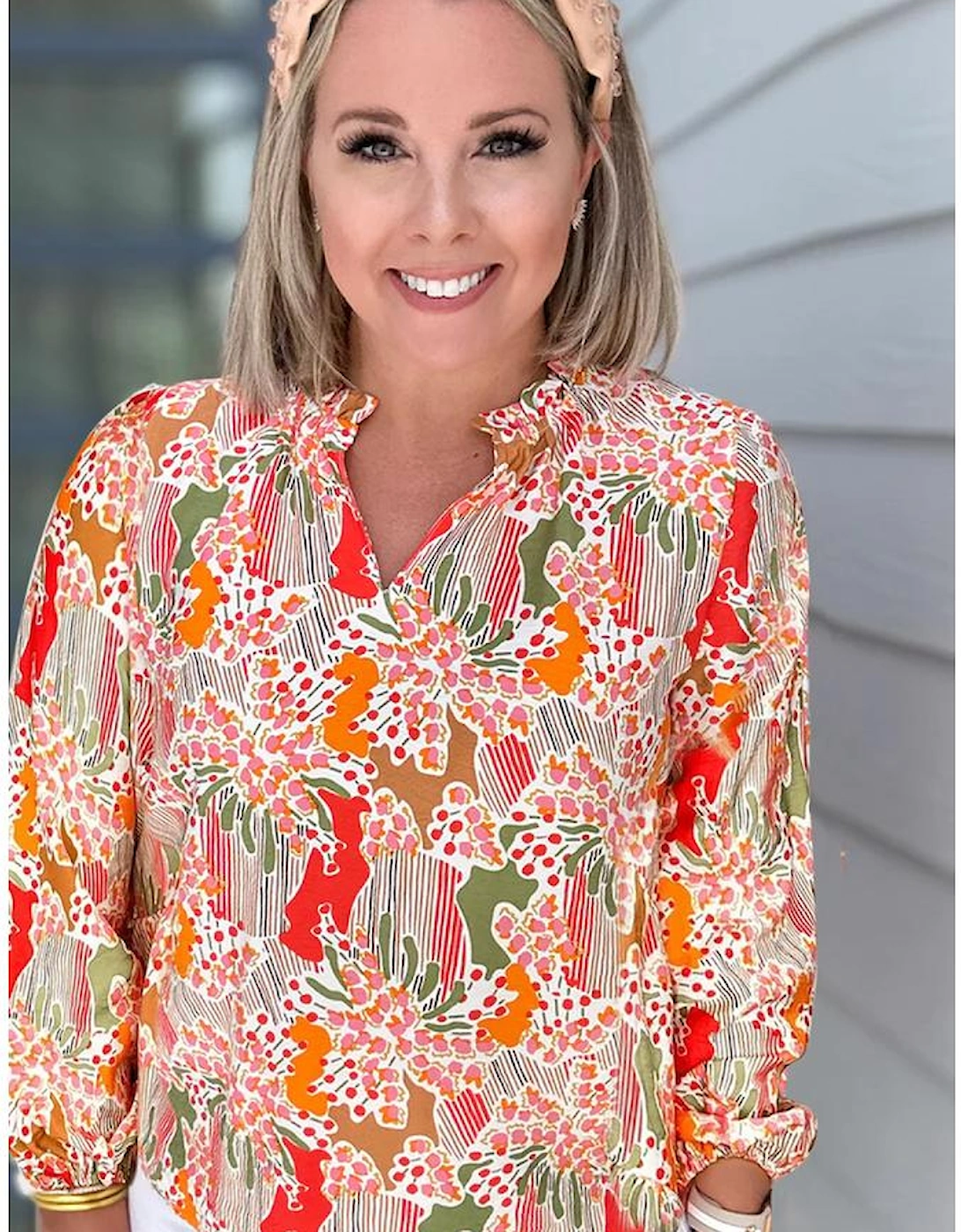Orange Printed Floral Abstract Print Frilled V Neck Plus Size Blouse