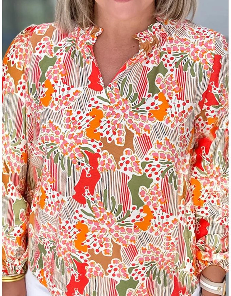 Orange Printed Floral Abstract Print Frilled V Neck Plus Size Blouse