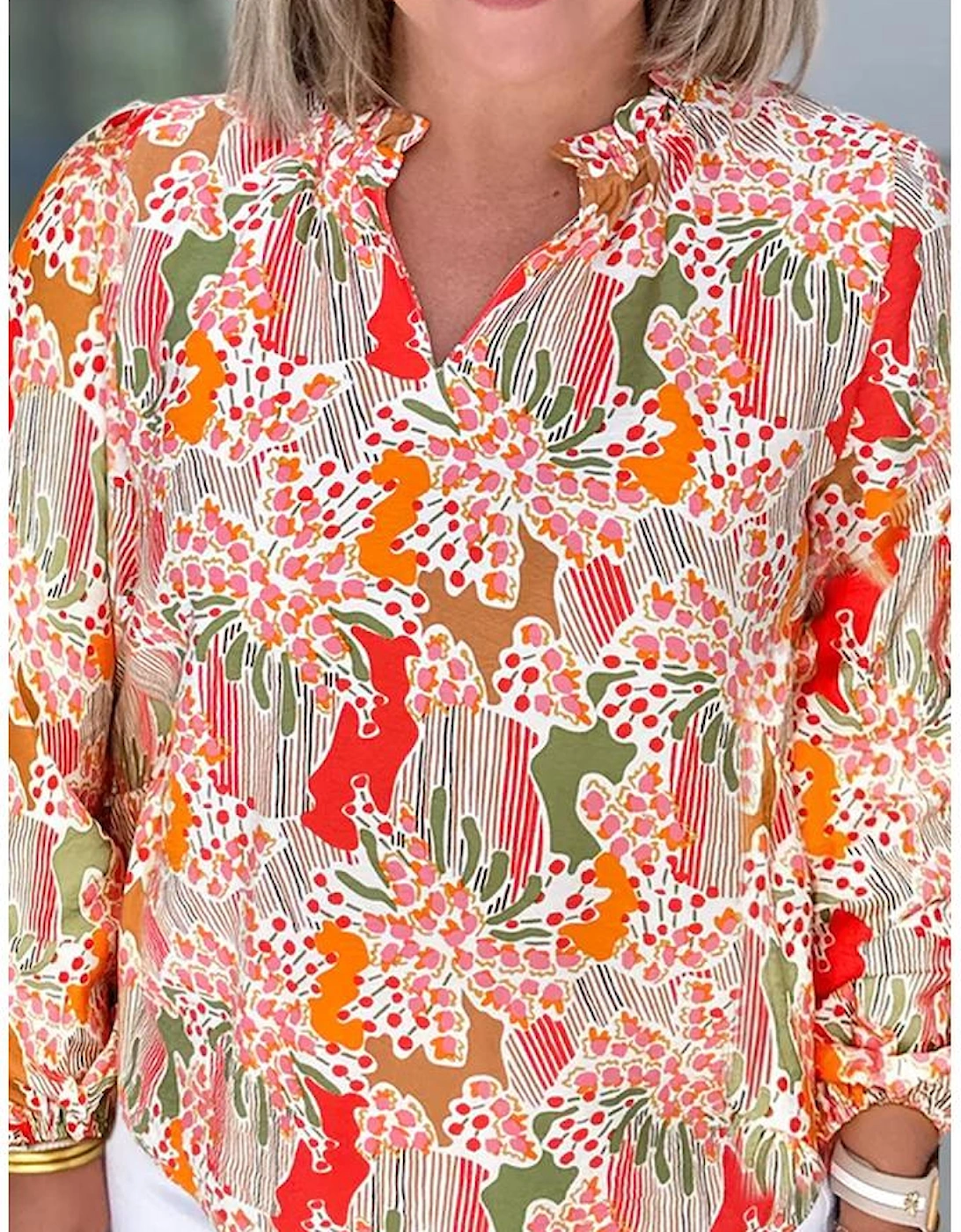 Orange Printed Floral Abstract Print Frilled V Neck Plus Size Blouse