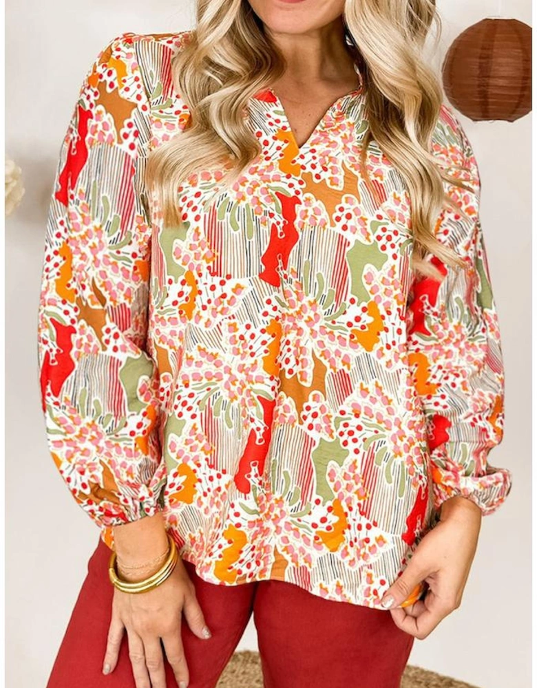 Orange Printed Floral Abstract Print Frilled V Neck Plus Size Blouse