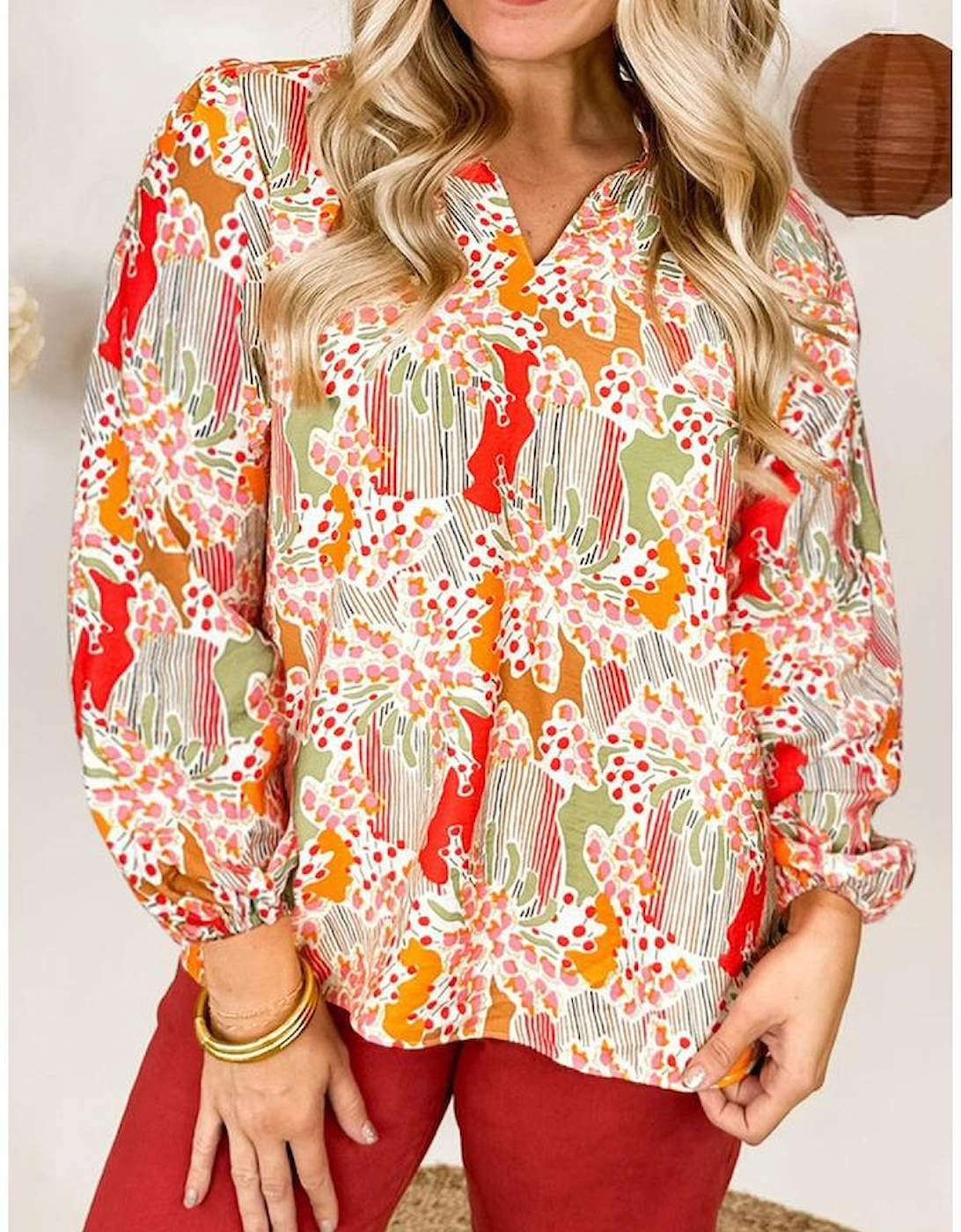 Orange Printed Floral Abstract Print Frilled V Neck Plus Size Blouse