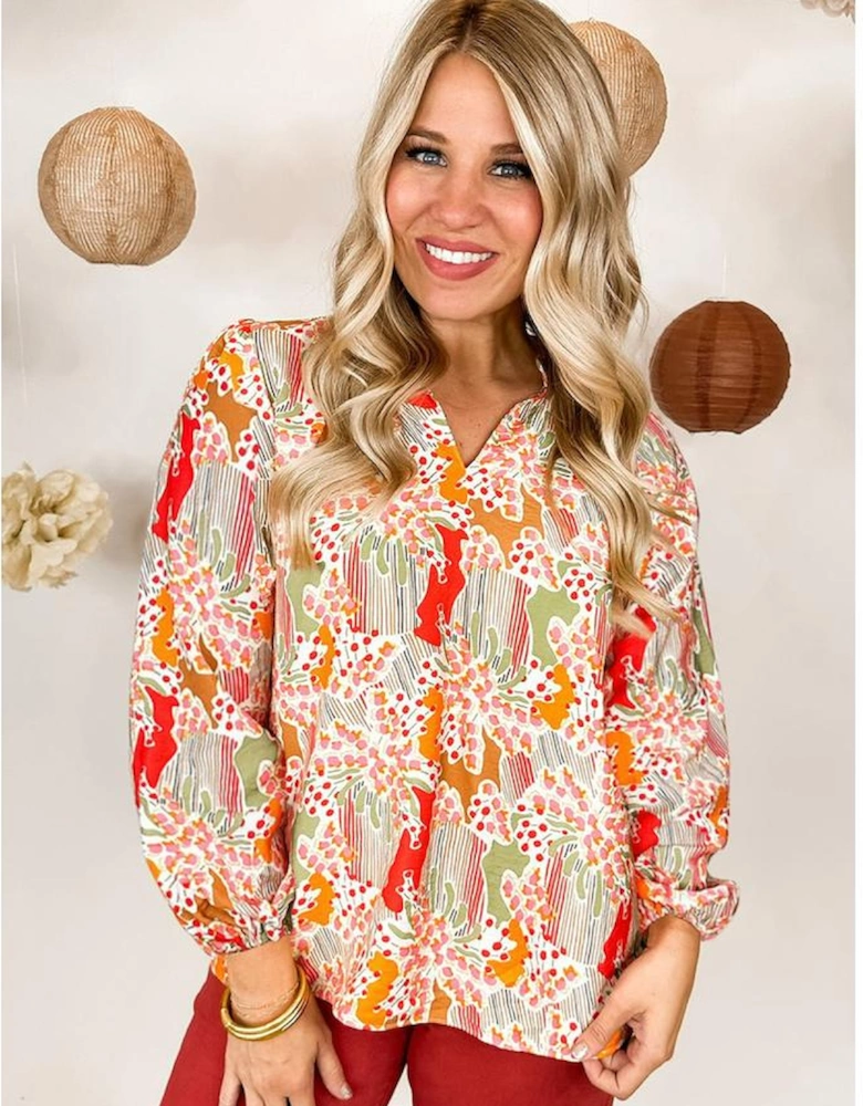 Orange Printed Floral Abstract Print Frilled V Neck Plus Size Blouse