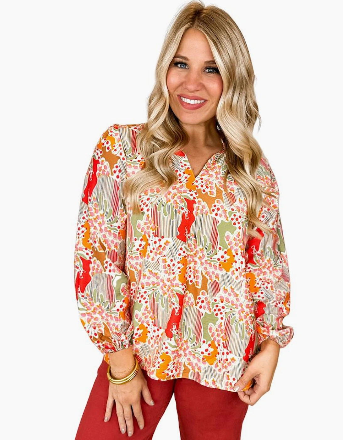 Orange Printed Floral Abstract Print Frilled V Neck Plus Size Blouse, 7 of 6