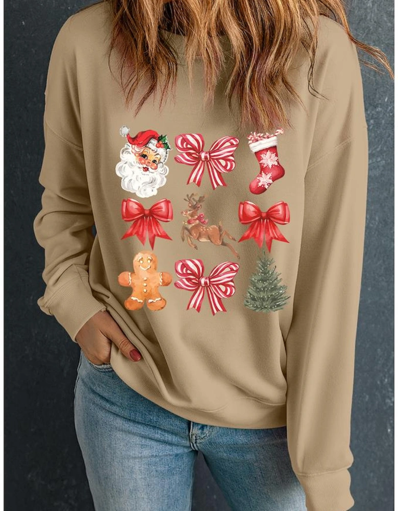 Khaki Christmas Pattern Graphic Crew Neck Sweatshirt
