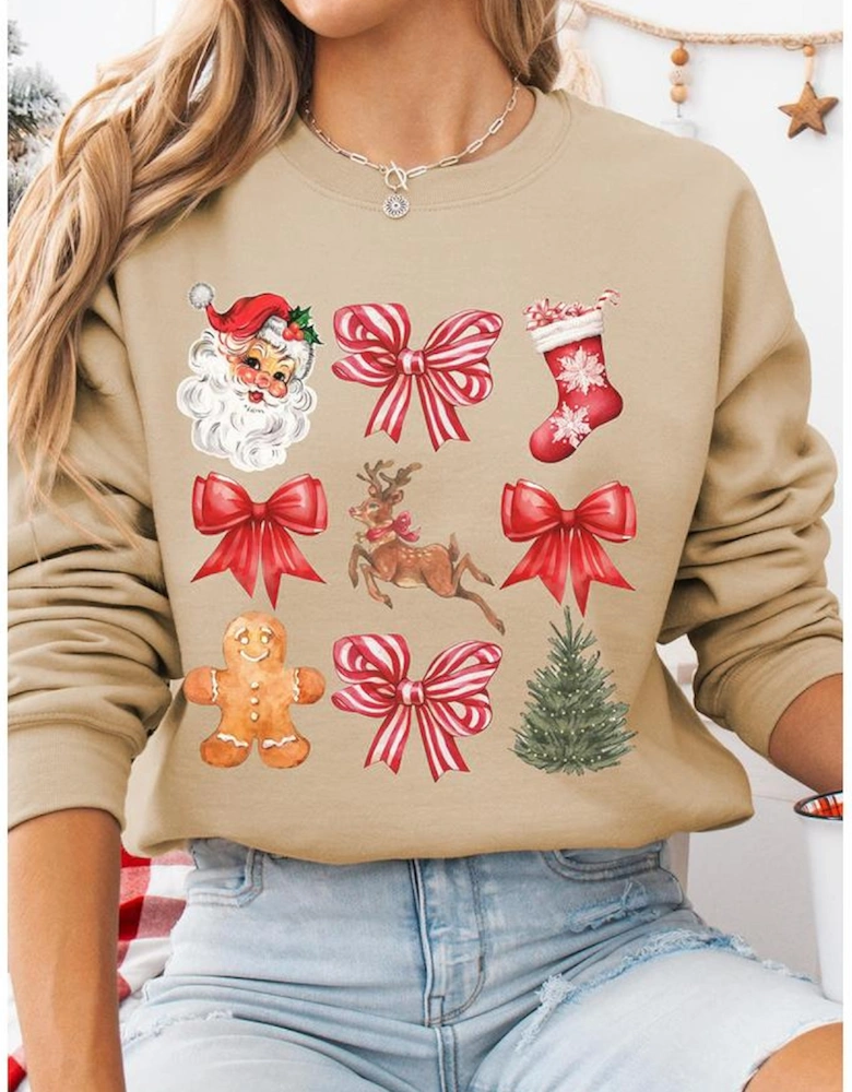 Khaki Christmas Pattern Graphic Crew Neck Sweatshirt