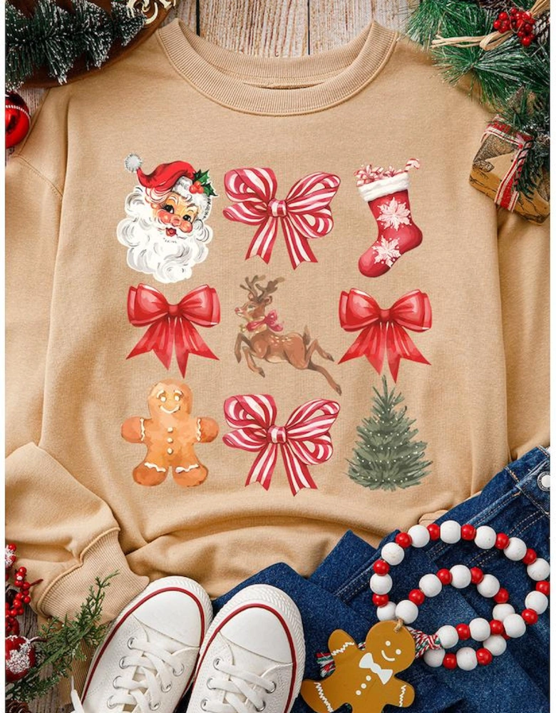 Khaki Christmas Pattern Graphic Crew Neck Sweatshirt