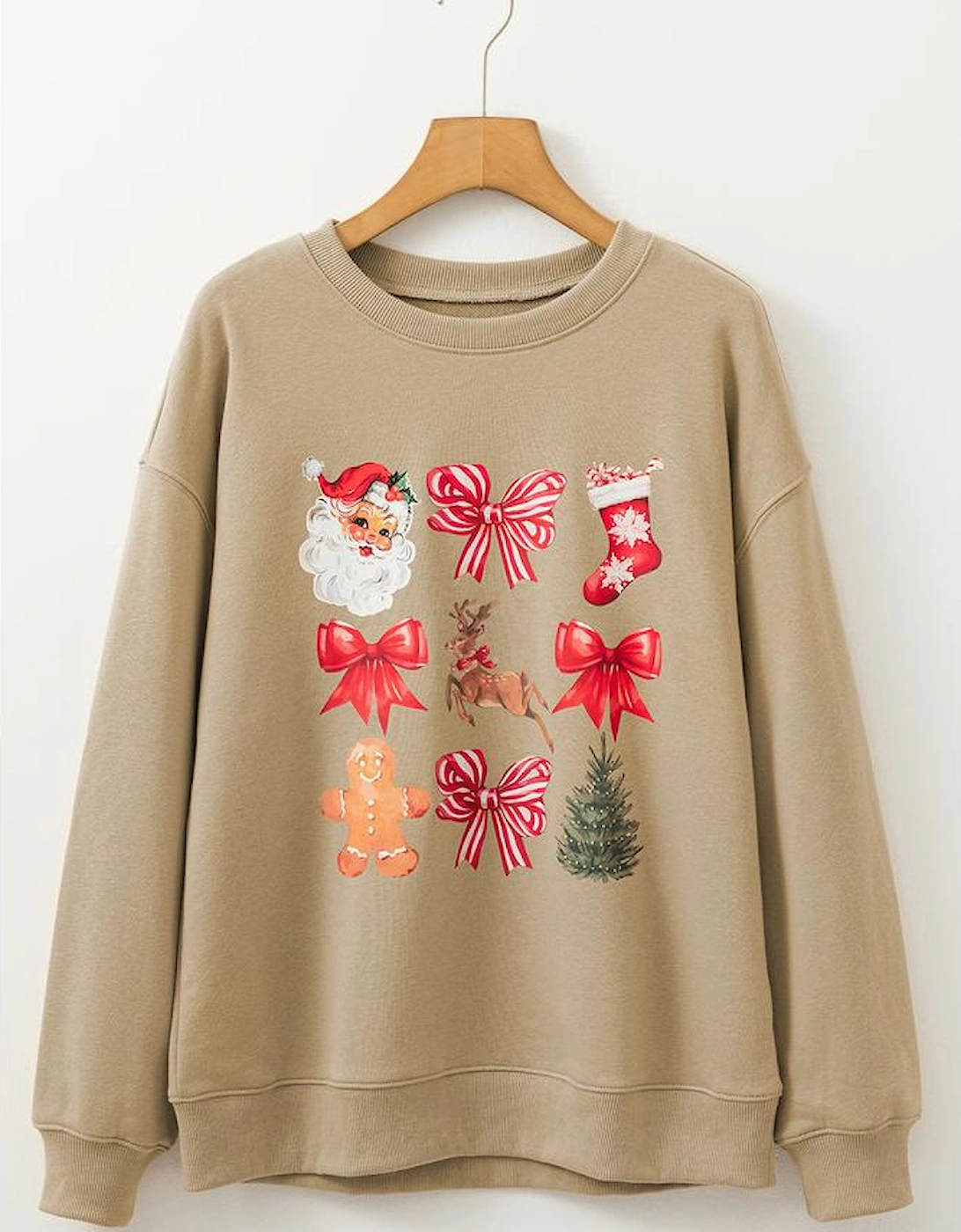Khaki Christmas Pattern Graphic Crew Neck Sweatshirt