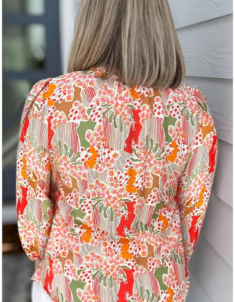 Orange Printed Floral Abstract Print Frilled V Neck Plus Size Blouse
