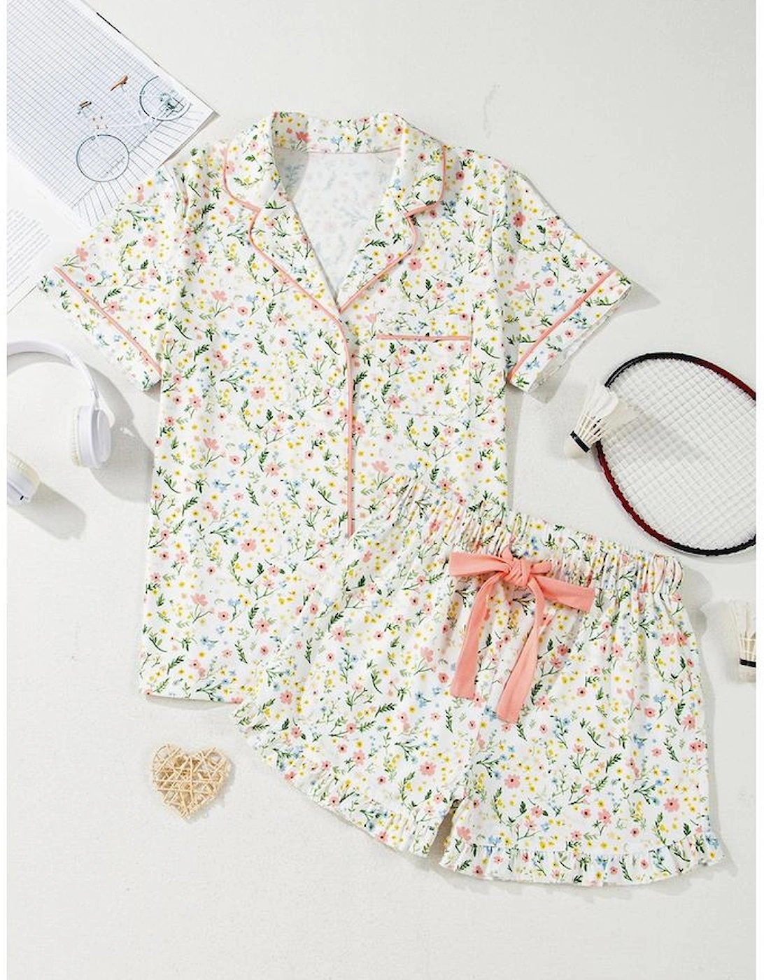 White Floral Print Contrast Pipping Short Pajamas Set