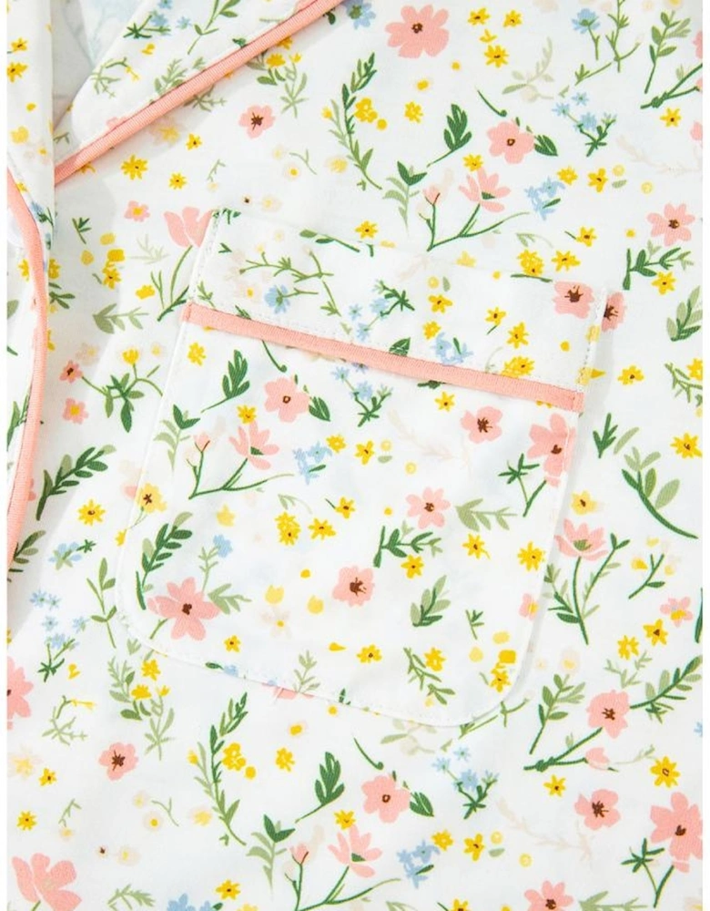 White Floral Print Contrast Pipping Short Pajamas Set