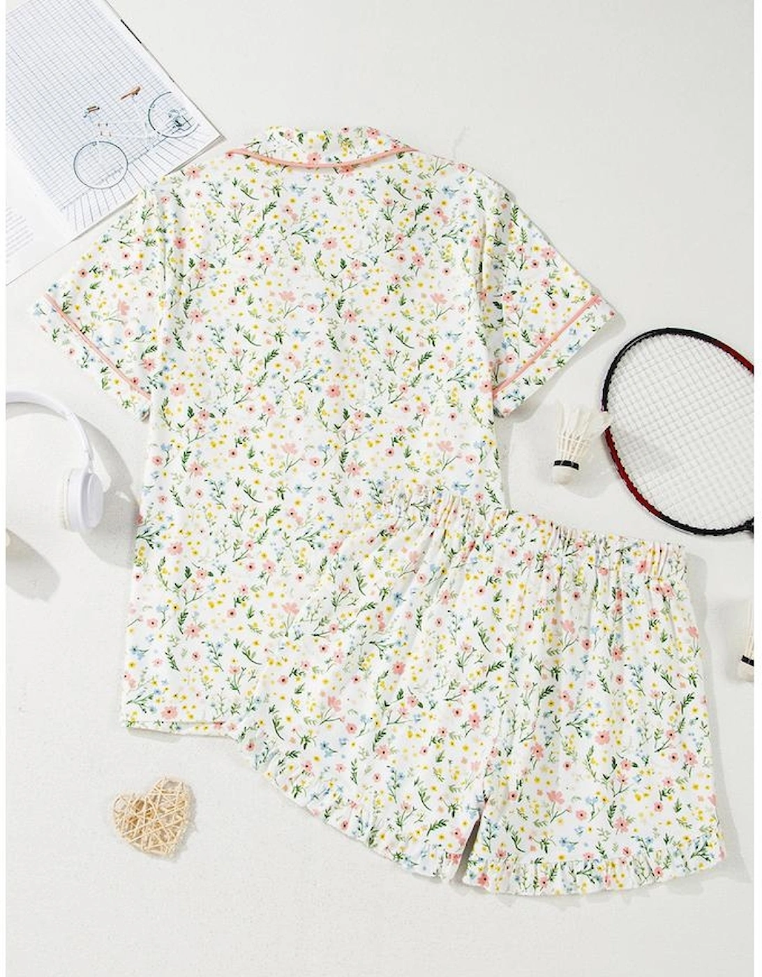 White Floral Print Contrast Pipping Short Pajamas Set