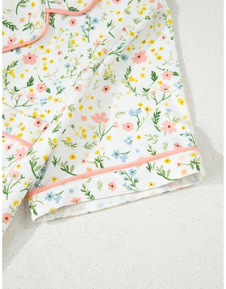 White Floral Print Contrast Pipping Short Pajamas Set