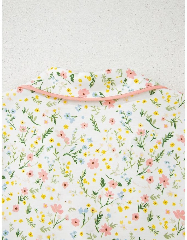 White Floral Print Contrast Pipping Short Pajamas Set