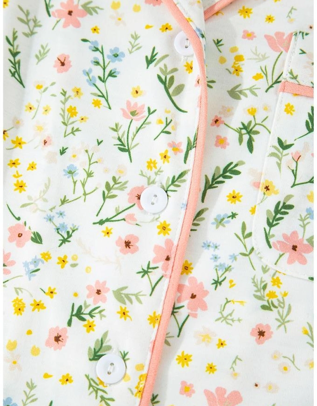 White Floral Print Contrast Pipping Short Pajamas Set