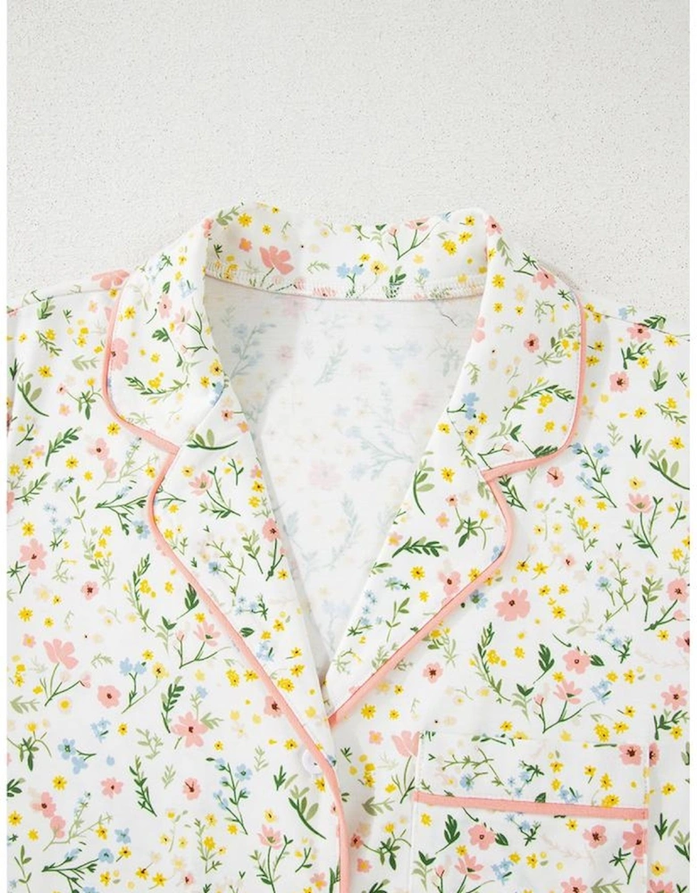 White Floral Print Contrast Pipping Short Pajamas Set