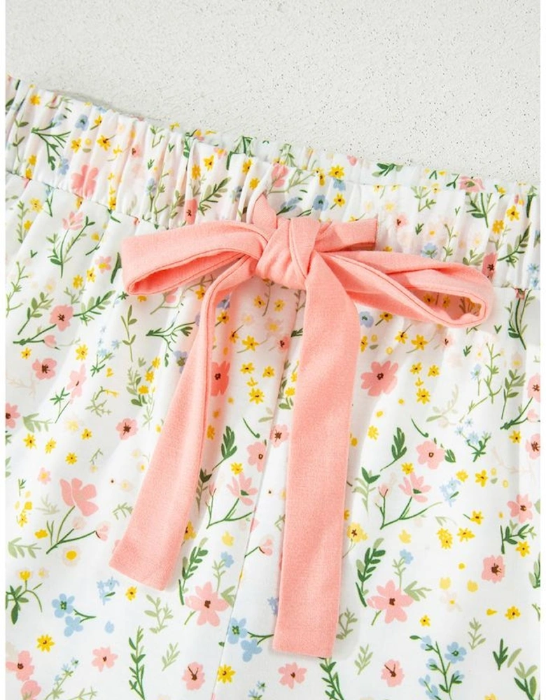 White Floral Print Contrast Pipping Short Pajamas Set