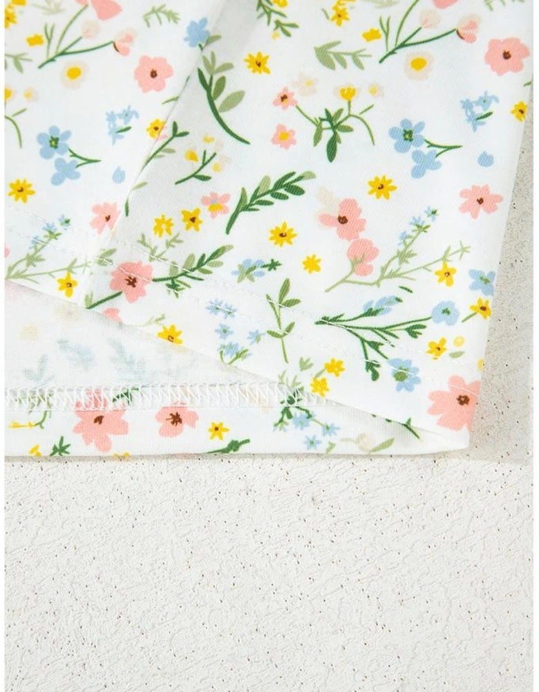 White Floral Print Contrast Pipping Short Pajamas Set