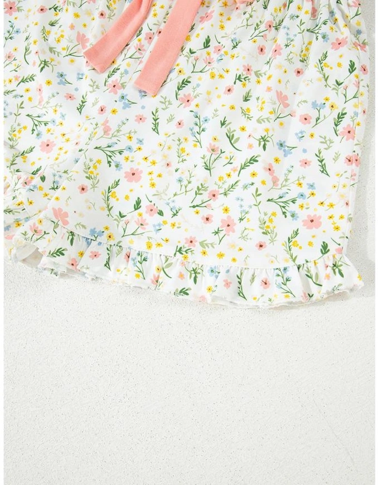 White Floral Print Contrast Pipping Short Pajamas Set