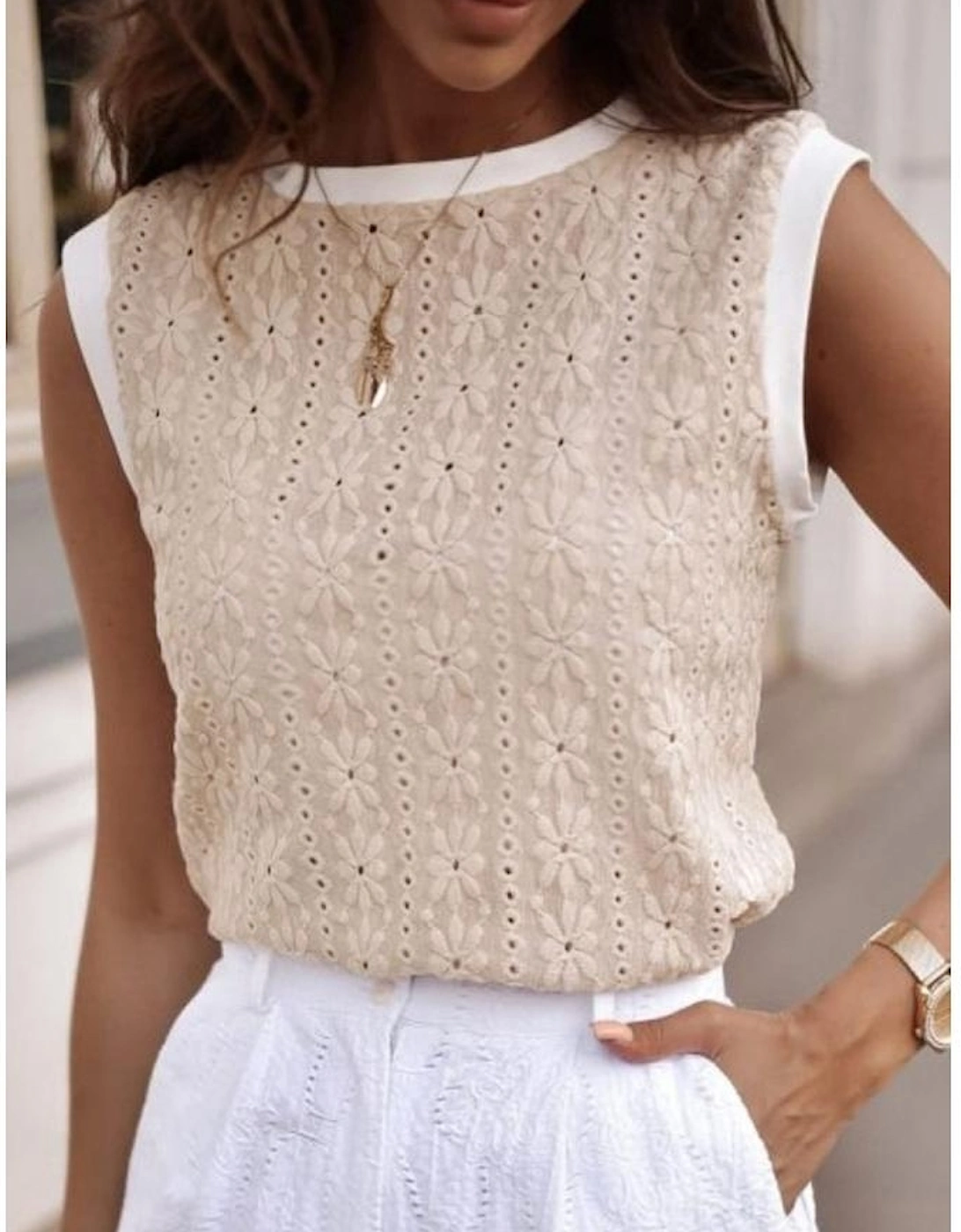 Oatmeal Floral Textured Crew Neck Tank Top, 16 of 15