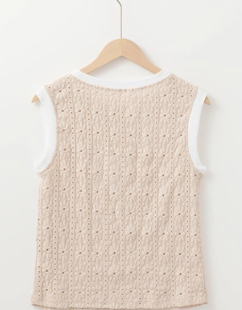 Oatmeal Floral Textured Crew Neck Tank Top